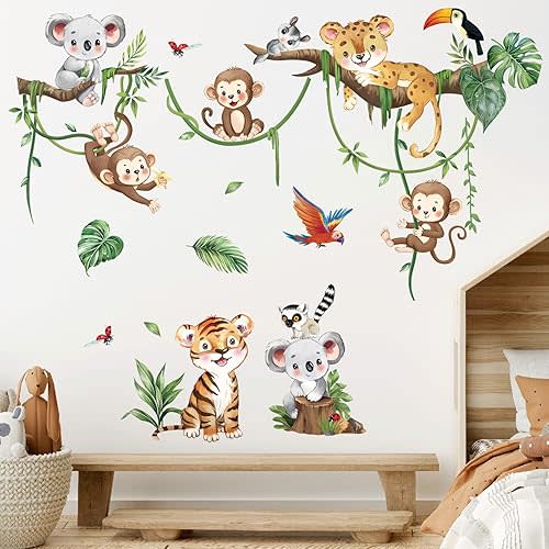 decalmile Jungle Animal Tree Branch Wall Decals Safari Animal Monkey Koala Wall Stickers Baby Nursery Kids Bedroom Living Room Wall Decor