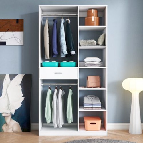 Chests For Bedroom Freestanding Closet System, Stand-Alone Wardrobe with 6 open Shelves,74.8'' Heigh Closetwith 1 Wood Drawers, Wood Walk-in Closet with 2 Hanging Rod, White,Wardrobes For Bedroom