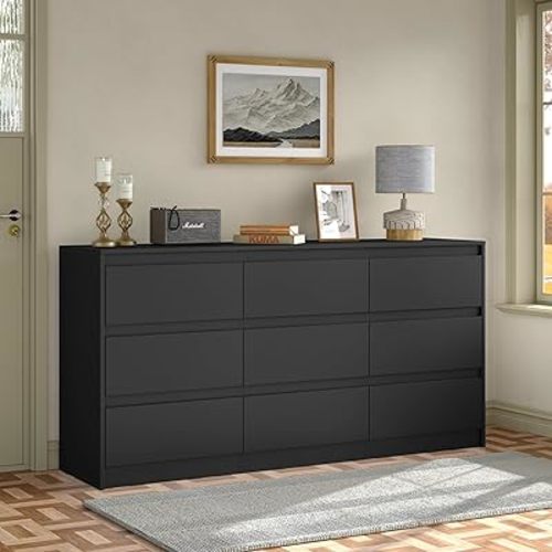 Furniouse Modern 9 Large Storage Drawers Dresser for Clothes Organizer, Black Modern Chest of Drawers for Closet,63" Long Drawer Organizer Cabinet for Bedroom,Living Room,Entryway,Hallway