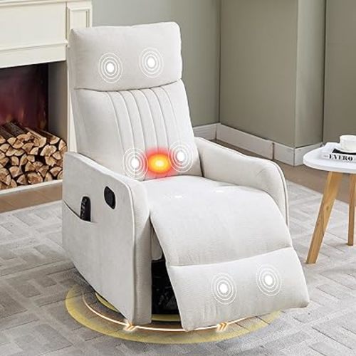 Manual Swivel Rocker Recliner Chair for Adults, Overstuffed Glider Chair for Nursery with Massage and Heat, Living Room Reclining Chair, Fabric Beige