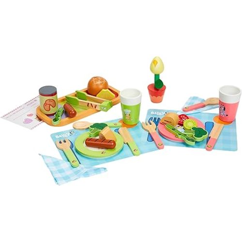 8th Wonder Bluey Toys Wooden Tea Party Set, 18-Piece Durable Toy Tea Set with Tray, Teapot, Teaspoons, and More, Pretend Play for Toddlers of Ages 3+