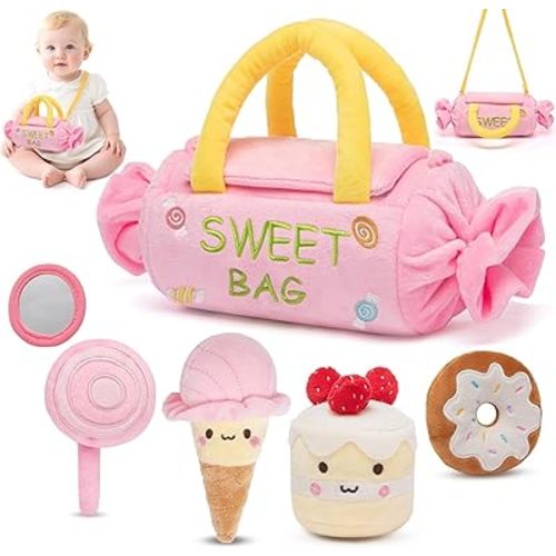 Baby Toys 6-12 Months,My First Candy Bag Plush Toy-5 Sensory dessert Soft Toys with Rattle, Crinkle Paper, Squeaker, Mirror,Busy Montessori Soft Toys for Toddlers,1st Birthday for Babies Girls