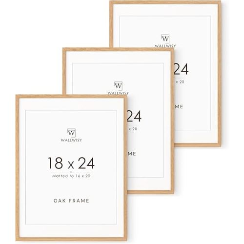 18x24 Poster Frame, 18x24 Solid Oak Picture Frames Matted to 16x20, 24x18 Natural Wooden Frame Horizontal or Vertical Wall Mounting, Set of 3