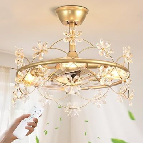 Depuley Bedroom Ceiling Fan with Lights: 20" Gold Chandelier Small Fan with Remote Control - Modern Flower Fandelier for Girl's Bedroom Living Room Kitchen