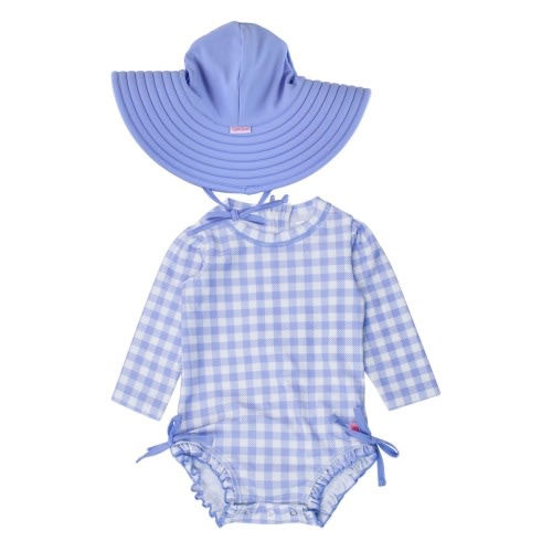 Gingham Long Sleeve One-Piece Rashguard Swimsuit & Hat Set, 6-12M