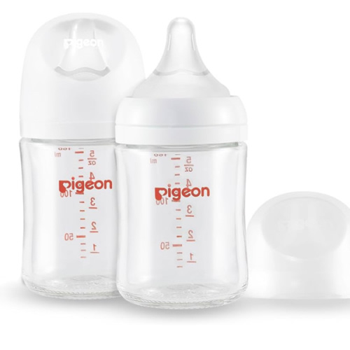 Pigeon Glass Nursing Bottle Wide Neck, Anti-Colic, Streamlined Body, Natural Feel, Easy to Clean, Heat-Resistant, 5.4 Oz (Pack of 2), Includes 2pcs SS Nipples (0m+)