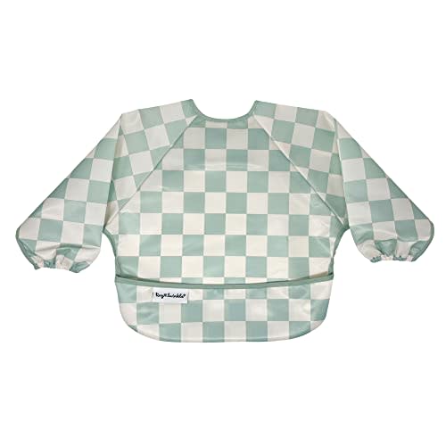 Tiny Twinkle Mess Proof Baby Bib|Waterproof Smock Bib for Eating,Machine Washable Full Sleeve with Pocket(Checkers Sage, Small 6-24 Months)