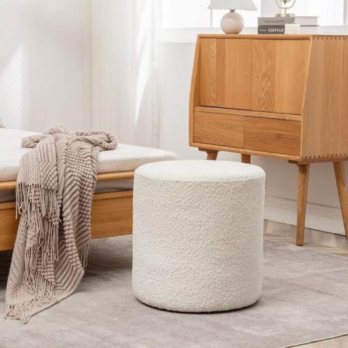 White Boucle Upholstered Round Accent Ottoman