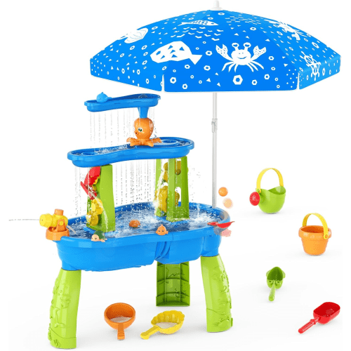 JoyStone 3-Tier Kids Sand Water Table with Umbrella, Outdoor Sensory Play Table Toy, 28.66" Tall, Summer Gift for Toddlers & Kids