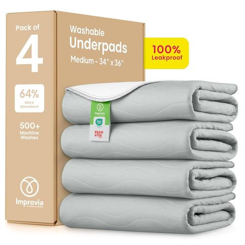 IMPROVIA® Washable Underpads, Heavy Absorbency Reusable Incontinence Pads for Kids, Adults, Elderly, and Pets - Waterproof Protection Floor Gray & White (4 Pack - 34x36)