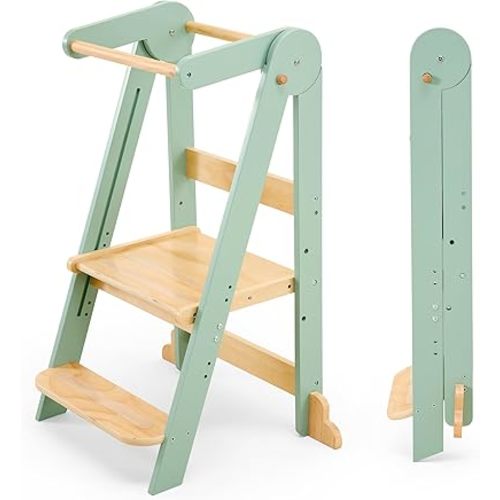HARPPA Nordi Foldable Toddler Kitchen Tower, Montessori Kitchen Learning Helper, Standing Tower with 3 Adjustable Heights, Suitable Age for 18-48 Months, Sage
