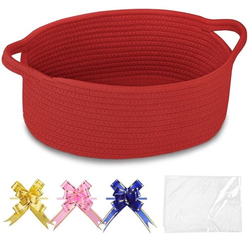 COMSE Small Woven Basket with Gift Bags and Ribbons, Gift Basket Empty, Cotton Rope Storage Organizer, Baby Toy Box with Handles, 12" x 8" x 5", Red