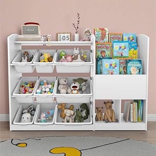 Toy Storage Organizer,4 Tier Toy Organizers and Storage with Bookshelf,3 Shelves and 12 Storage Bins,Toy Storage for Nursery,Living Room Area,Kids Rooms