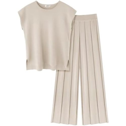 Ekouaer Lounge Sets for Women Two Piece Outfits Knit Cap Sleeve Tops Wide Leg Pleated Pants Casual Dressy Sweater Sets