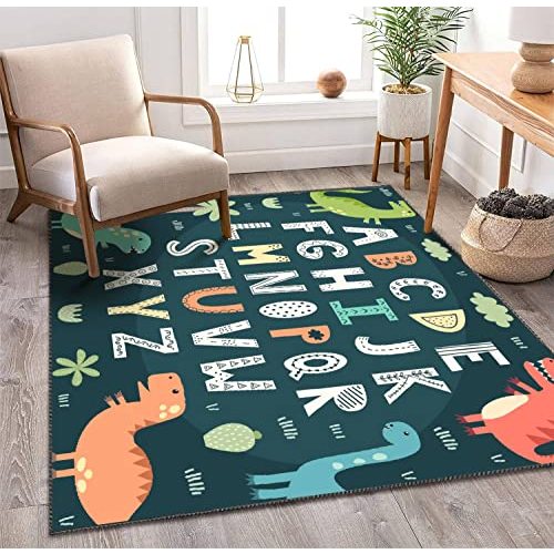 OBIEORNNCFUJ Kids Area Rugs Funny Alphabet with Cute Dinosaurs Educational for Children 3D Rugs for Playroom Bedroom Classroom Decor Yoga Mat Non-Slip Floor Outdoor Mat Carpets for Kids 4x6 ft