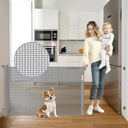 Anti-chewing Retractable Pet Gate for Dogs 55" Wide Scratch-Resistant Retractable Dog Gate for Doorways Upgraded Textilene Retractable Outdoor Dog Gate for Deck Retractable Mesh Gate for Kids and Pets