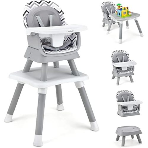 BABY JOY Baby High Chair, 8 in 1 Convertible Highchair for Babies & Toddlers | Booster Seat | Table and Chair Set | Building Block Table | Toddler Chair with Safety Harness, Removable Tray (Chevron)