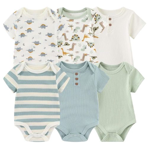 Baby Bodysuit 6 Pack Soft Mixed Ribbed Short Sleeve Romper Infant Boy Girl Clothes Set
