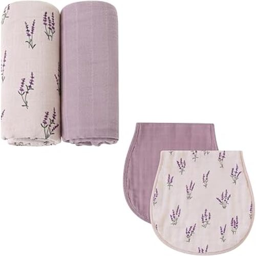 LifeTree Muslin Swaddle Blankets Girls and Baby Burp Cloths for Newborn Girls Boys, Organic Cotton, Lavender & Mauve