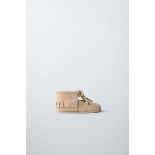 FRINGED LEATHER BALLET FLATS - Sandy Brown | ZARA United States