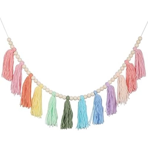 Cotton Tassel Garland Banner Colorful Birthday Decor Party Backdrop Christmas Boho Wall Hangings Decor for Bedroom, Nursery, Play Room, Baby Shower, Girls Room Decor, Birthday Gift (A)