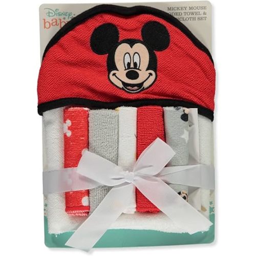 Cudlie Disney Baby Mickey Mouse Happy Face Print (Hooded Towel with 5 Piece Washcloth Set)