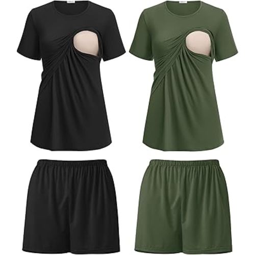 Ekouaer 2 Pack Women's Nursing Pajamas Set Double Layer Maternity Pjs Postpartum Loungewear Set Breastfeeding Tops & Shorts