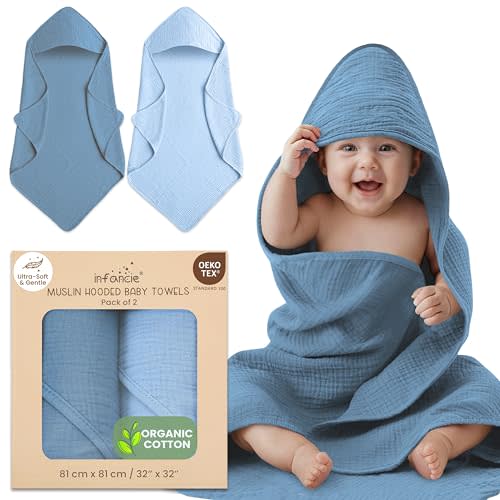 infancie Organic Cotton Muslin Baby Hooded Towels - 32x32 Inch, 2 Pack Newborn Bath Towels for Boys & Girls, Soft & Absorbent Bath Set (Deep Blue/Aquarius)