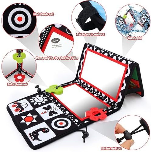 Tummy Time Floor Mirror with Teethers, Double-Sided Baby Mirror Black and White High Contrast Baby Toys for Babies, Baby Montessori Toys Crawling Developmental Newborn Infant Sensory Toys (A-Mirror)