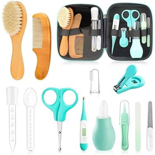 Baby Grooming Kit, Infant Safety Care Set with Hair Brush Comb Nail Clipper Nasal Aspirator,Baby Essentials Kit for Newborn Girls Boys (13 Pc Green Kit)