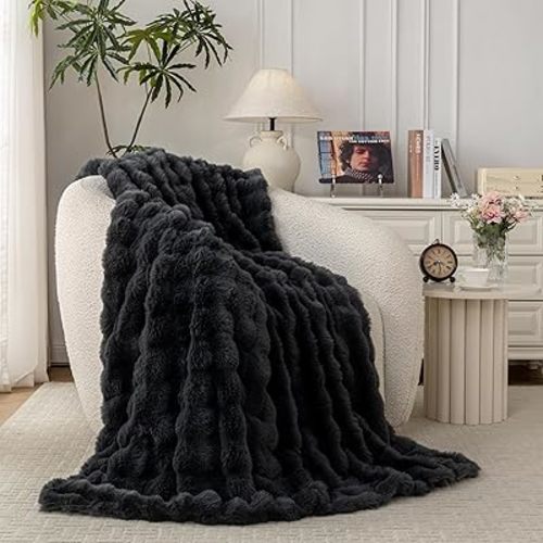 Faux Rabbit Fur Throw Blanket – Ultra Soft, Plush Cozy Sofa Throw Blanket for Living Room, Bedroom, Bed, and Couch – Warm Decorative Couch Blanket(Dark Gray,50"x60")