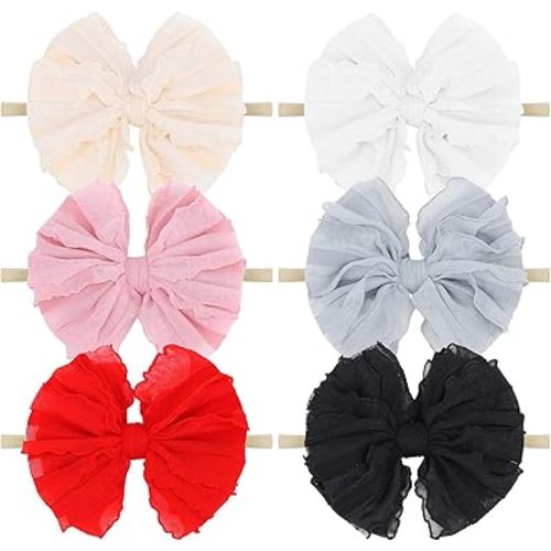 YanJie Baby Girl Bows Nylon Lace Baby Headbands Handmade Soft Elastics Newborn Bows Ruffled Big Bow Hair Accessories for Infant Baby Toddlers Girls Black White Beige Red Pink Blue