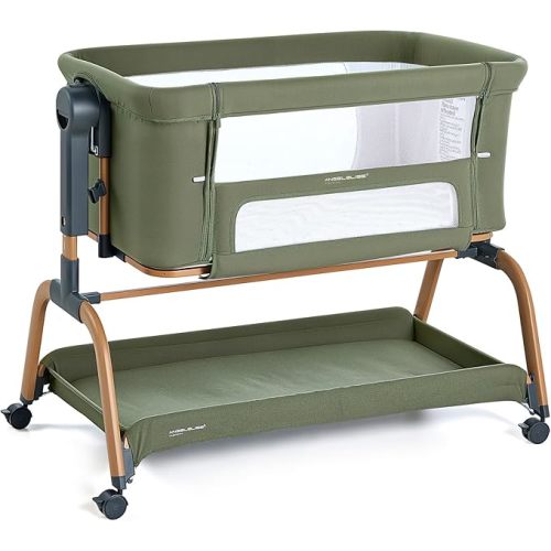 ANGELBLISS 3 in 1 Baby Bassinet, Rocking Bassinets Bedside Sleeper with Comfy Mattress and Wheels, 6 Height Adjustable Easy Folding Portable Bedside Crib for Newborn Infant (Green)