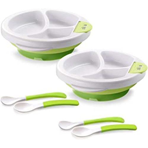 2-Pack Baby Feeding Suction Warm Plate with Draining and Drying Design - Stay Put Divided Plate for Kids - Including 2 Toddler Plates and 4 Spoons - Microwave & Dishwasher Safe (Green)