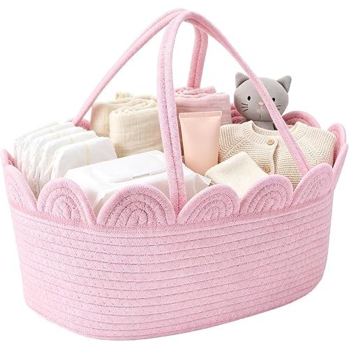 Hushee Pink Diaper Caddy Organizer for Nursery Storage Bin, Scalloped Edge Cotton Rope Basket with Removable Divider, Portable Changing Table Holder for Newborn Essentials and Shower Gifts