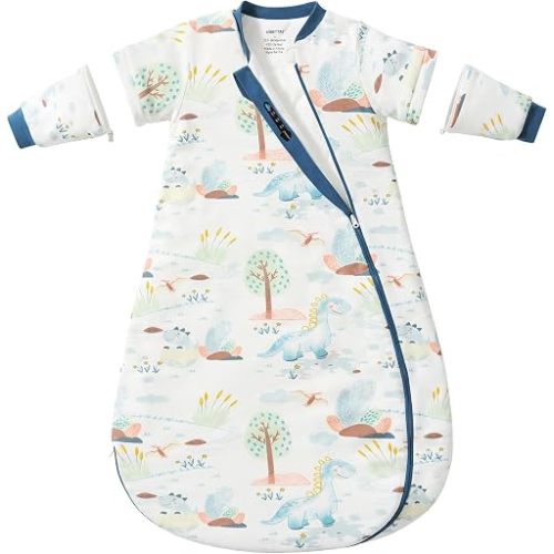 Baby Sleep Sack 6–12 Months, 2.5 TOG Warm Cotton Sleep Sack with Detachable Long Sleeves, Winter Wearable Blanket for Cold Nights, 2-Way Zipper Toddler Sleeping Sack, Dinosaur