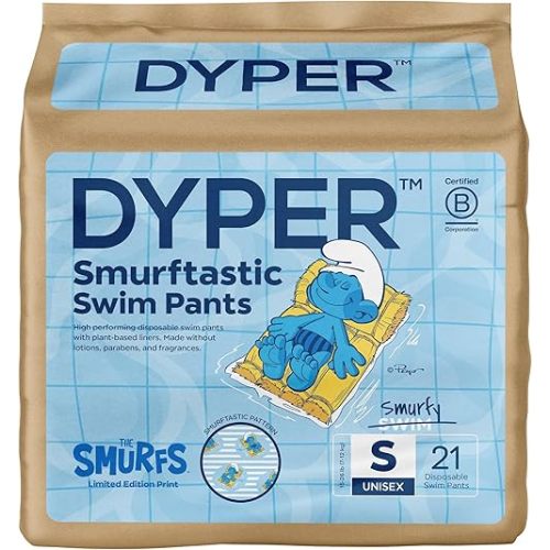 DYPER Smurftastic Baby Swim Diapers, Hypoallergenic Plant-Based Disposable Swim Diapers | Eco-Friendly & Absorbent Swimming Diapers for Babies, Size S (21 Count)