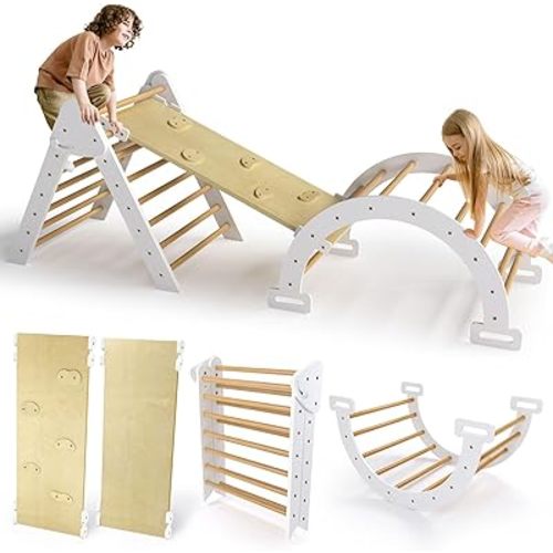 Pikler Triangle Set, 7 in 1 Baby Climbing Toys, Wooden Montessori Foldable Climbing Set with Arch, Ramp and Ladder, Toddlers Climber Indoor Playground Jungle Gyms for Kids