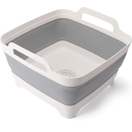 Collapsible Dish Basin 2.4 Gal(9L), Foldable Wash Basin with Drain Plug, Portable Dish Tub Space Saving Multiuse Sink Tub for Baby Bottles, Fruit, Vegetable, Kitchen, Laundry, Picnic, Camping (Gray)
