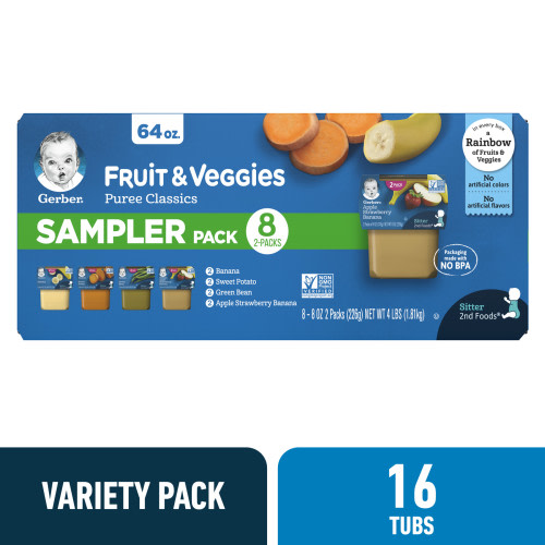 Gerber Stage 2 Baby Food, Fruit & Veggies Puree Classics Variety Pack, 4 oz Tub (16 Pack)