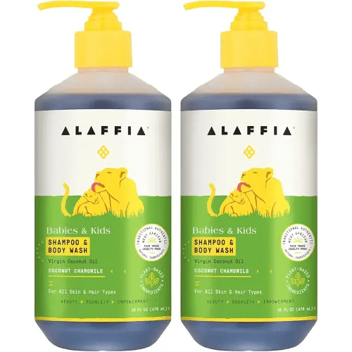 Alaffia Babies and Kids Shampoo and Body Wash, Gentle and Calming Support for Soft Hair and Skin with Yarrow and Chamomile, Coconut Chamomile, 2 Pack - 16 Fl Oz Ea