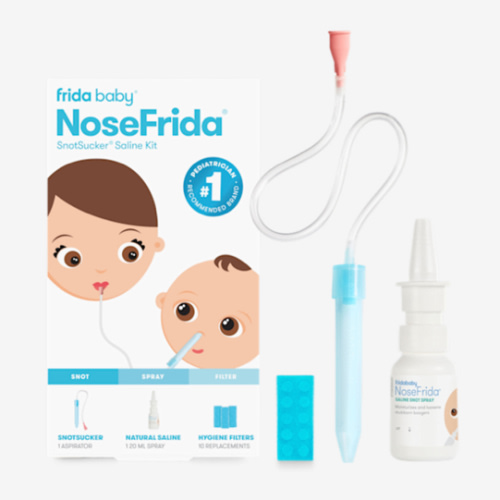 Frida Baby Saline Kit, Includes NoseFrida Nasal Aspirator for Baby, Baby Nose Sucker, Saline Nasal Spray for Babies with 10 Extra Hygiene Filters, Nasal Spray Decongestant, 0.68 fl oz