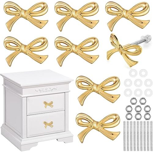 8 Pcs Bow Drawer Knobs Metal Bow Dresser Knobs Vintage Handles for Dresser Gold Handles for Home Bedroom Kitchen Cabinets Hardware Cupboard(Normal Size)
