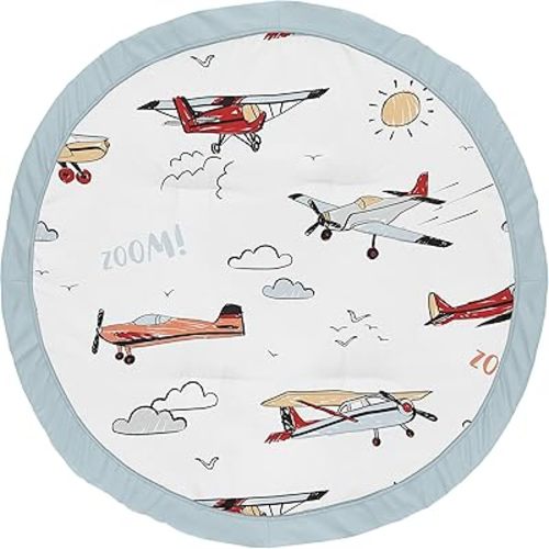 Sweet Jojo Designs Vintage Airplane Boy Baby Playmat Tummy Time Infant Play Mat - Grey Yellow Orange Red White and Blue Airplanes Air Plane Transportation Clouds Sun Sky Aviator Aviation
