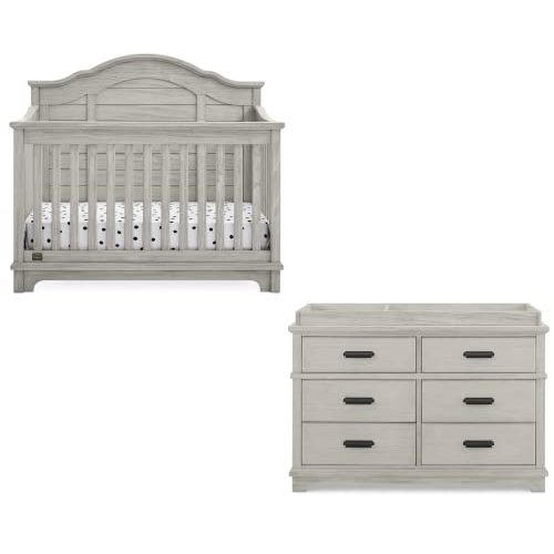 Delta Children Asher Crib and Dresser Nursery Furniture – 6-in-1 Convertible Crib with Toddler Rail | Fully Assembled 6 Drawer Dresser with Changing Top | Rustic Mist