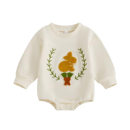 Lesimsam Newborn Baby Boy Girl Easter Outfit Bunny Embroidery Sweatshirt Romper Oversized Long Sleeve Bubble Romper Bodysuit