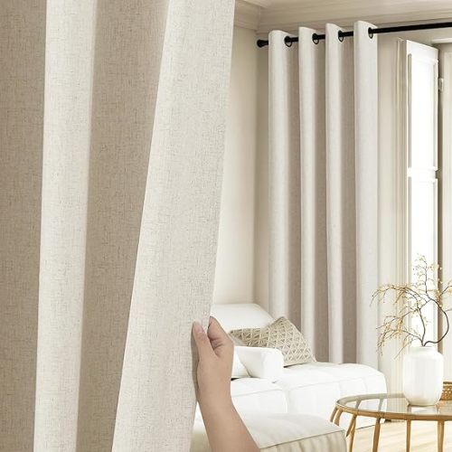 NICETOWN 100% Absolutely Blackout Linen Curtains with Thermal Insulated White Liner, White, 52" W x 63" L, Set of 2, Vintage Linen Textured Privacy Window Treatment Light Blocking for Living Room