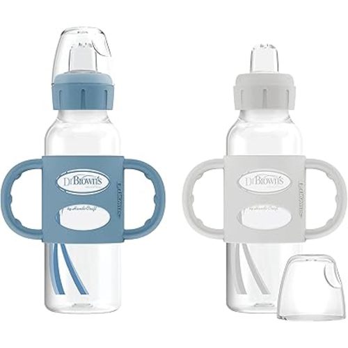 Dr. Brown's Milestones Narrow Sippy Spout Bottle with 100% Silicone Handles, Easy-Grip Handles with Soft Sippy Spout, 8oz/250mL, Light-Blue & Gray, 2-Pack, 6m+