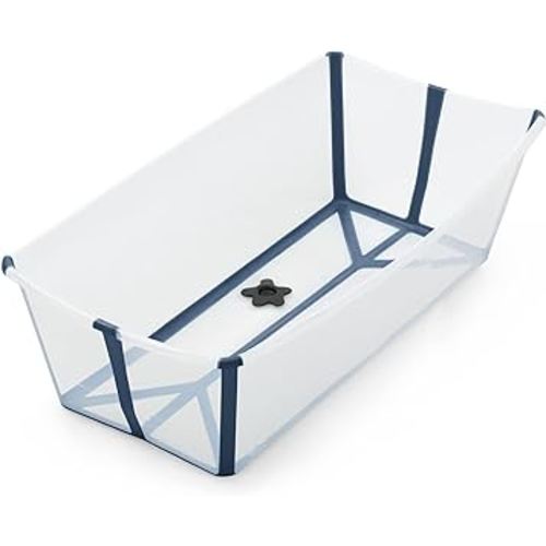 Stokke Flexi Bath X-Large, Transparent Blue - Spacious Foldable Baby Bathtub - Lightweight & Easy to Store - Convenient to Use at Home or Traveling - Best for Ages 0-6