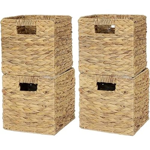 4 Pack 9in Wicker Storage Cubes, Water Hyacinth Baskets, Foldable Wicker Baskets, Storage Basket with Built-in Handles, Handwoven Natural Basket for Shelves, Outdoor